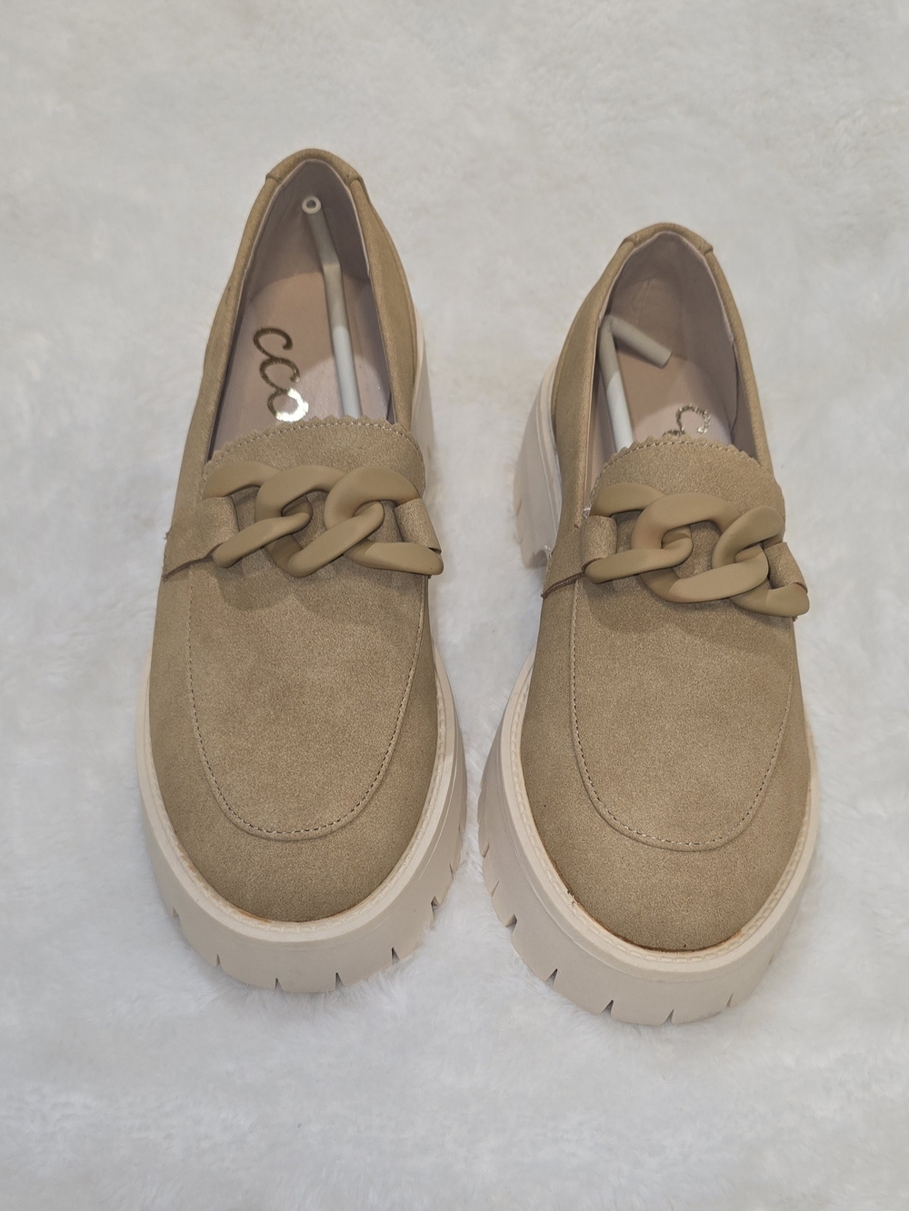 Ccocci Women’s Faux Suede Platform Chain Loafers – Nude / Beige (Size 6.5)
